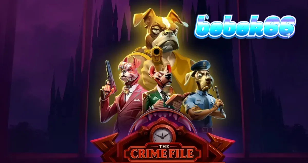 Tampilan layar permainan slot The Crime File dengan tema detektif anjing noir.